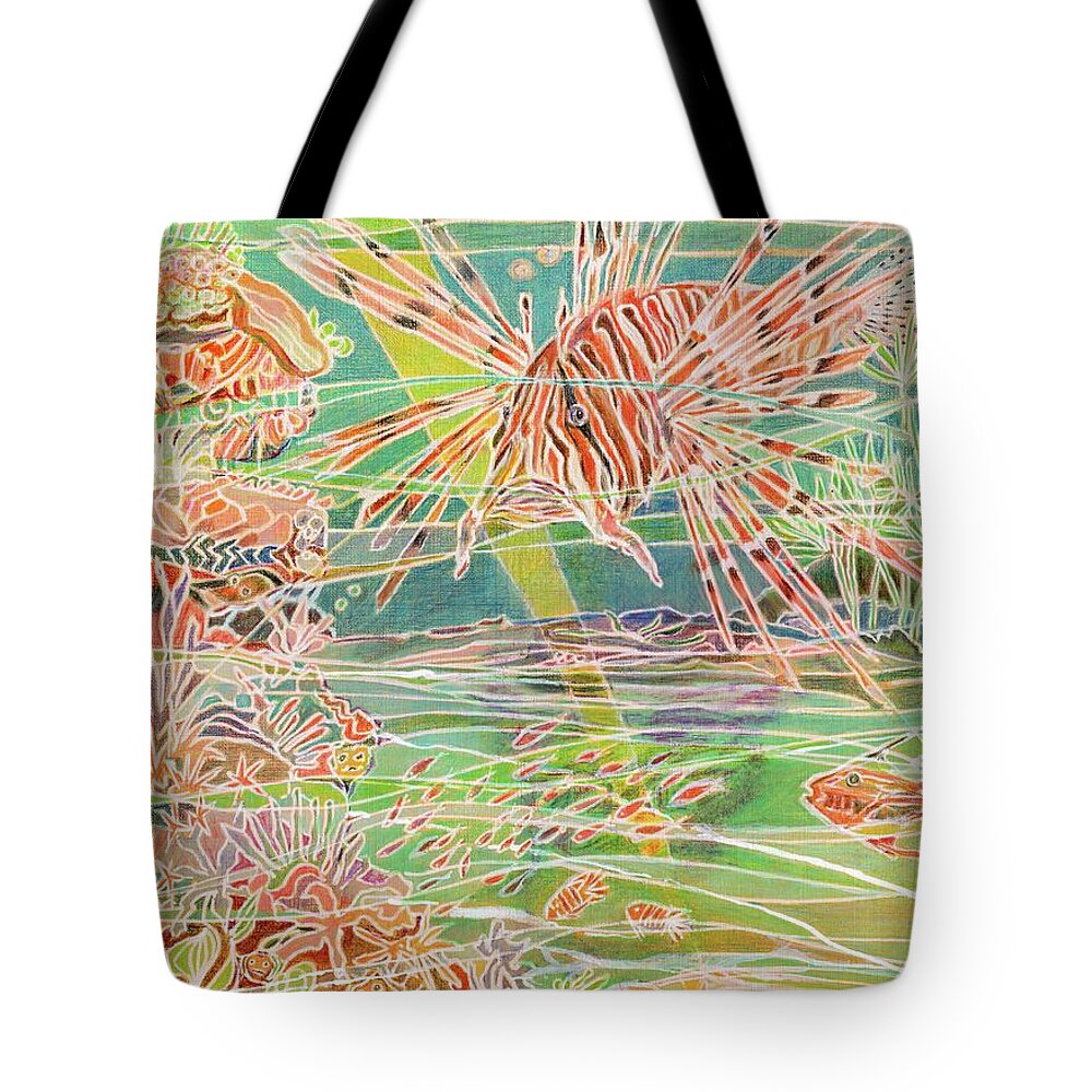 Ocean Tote Bag featuring the painting Lionfish Grump by Amelia Stephenson at Ameliaworks