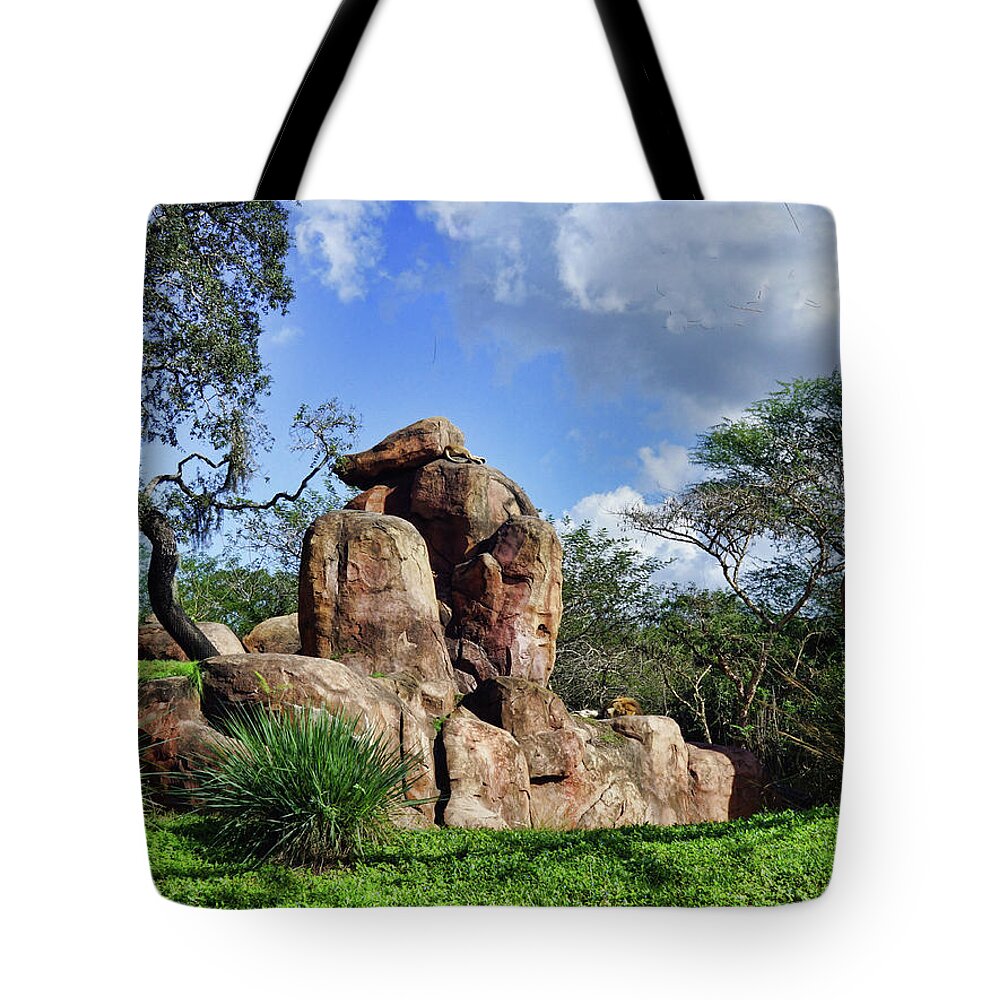 Landscape. Disney Land Tote Bag featuring the photograph Lions On The Rock by M Three Photos