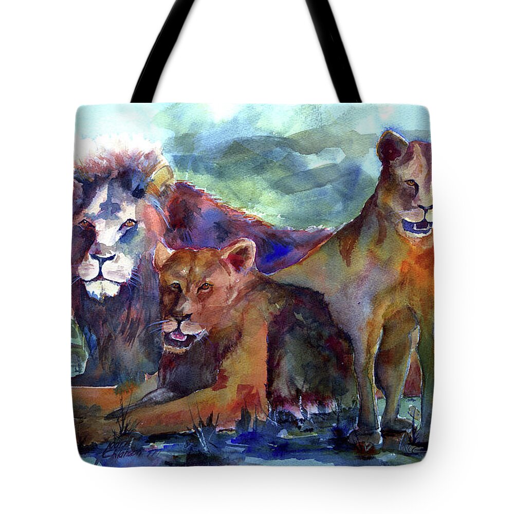Lions Tote Bag featuring the painting Lion's Play by Joan Chlarson