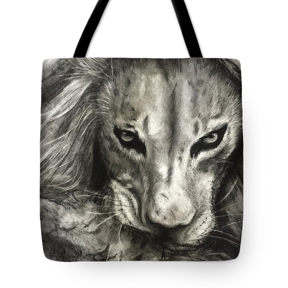 Lion Tote Bag featuring the drawing Lion's World by Michelle Pier