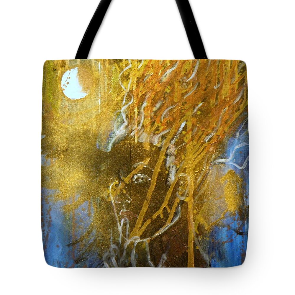 Moon Surreal Expressionistic Colours Blue Orange White Gold Red Yellow Black Process Girl Hair Eyes Nose Mouth Ears Hand Fingers Shoulder Tote Bag featuring the painting Listen To The Moon by Ida Eriksen