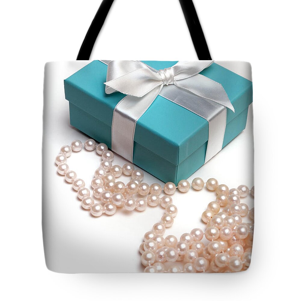 Anniversary Tote Bag featuring the photograph Little Blue Gift Box and Pearls by Amy Cicconi