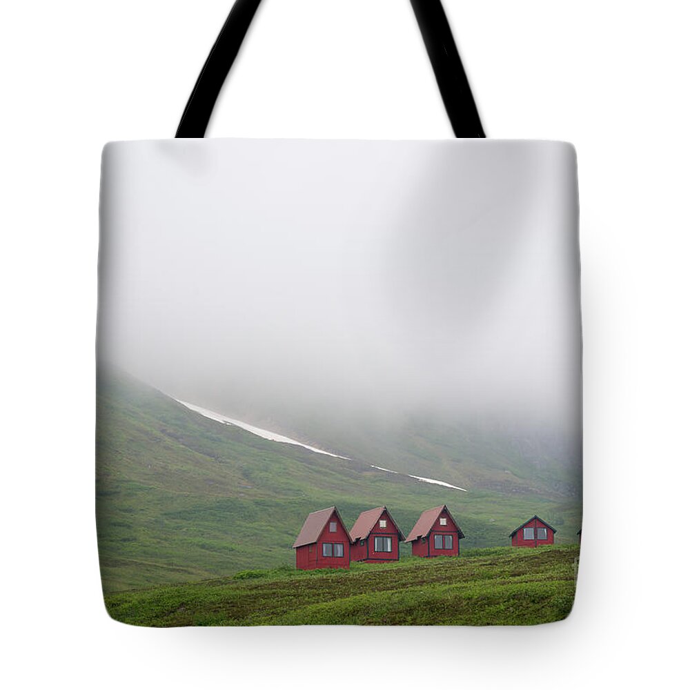 Cabin Tote Bag featuring the photograph Little cabins in the Alaskan fog by Paul Quinn