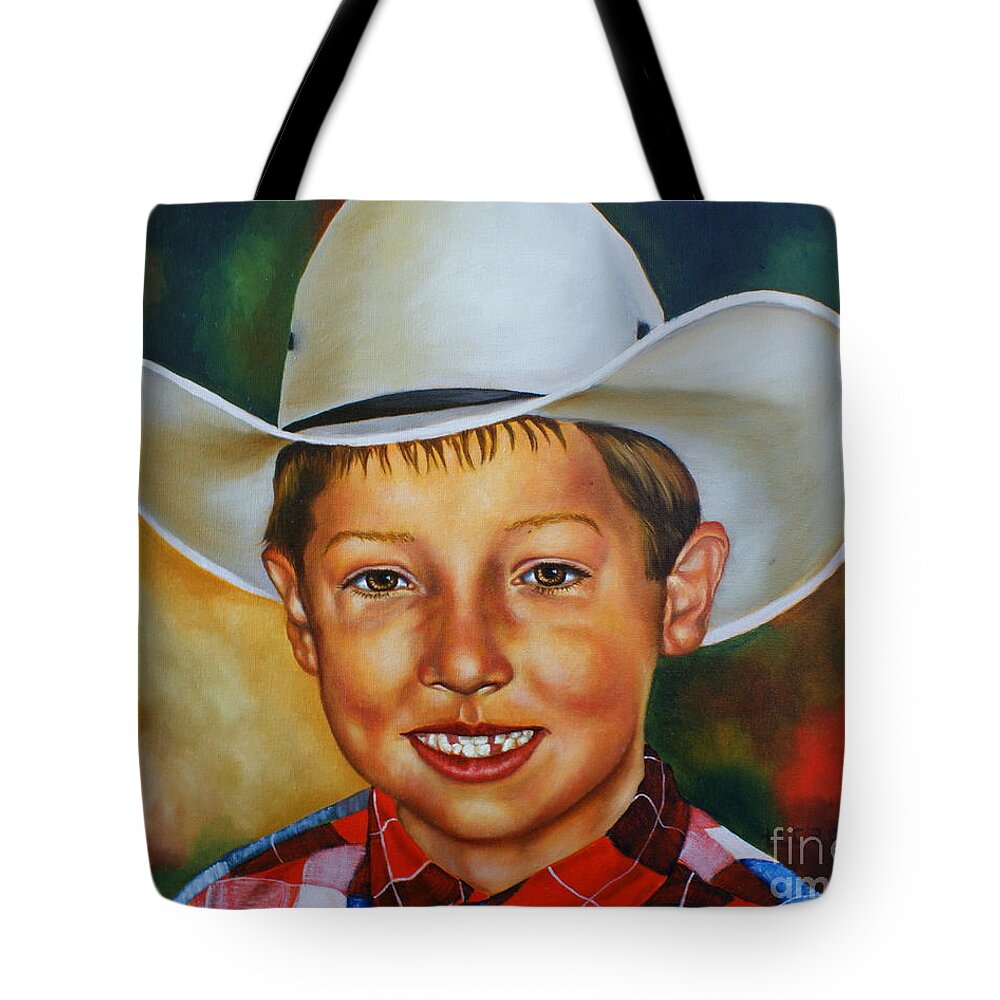 Boy Tote Bag featuring the painting Little Cowboy by Theresa Cangelosi