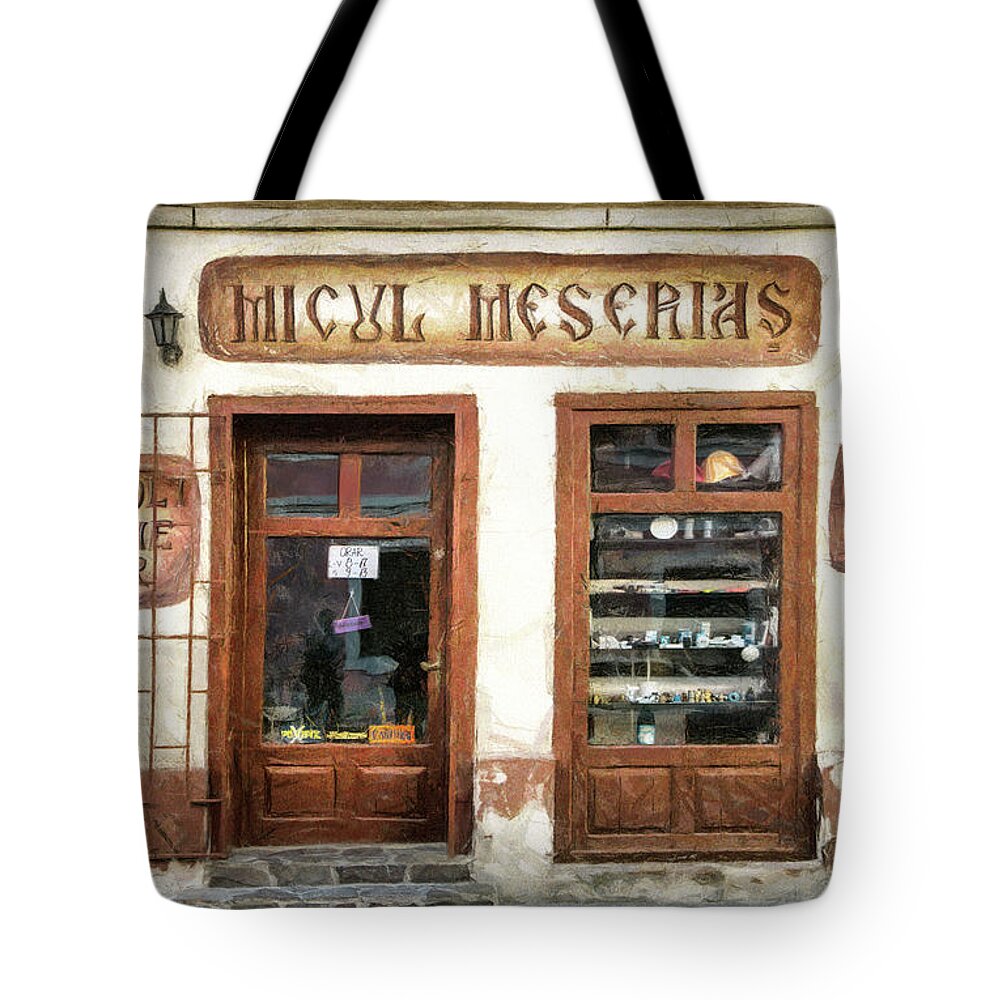 Craftsman Tote Bag featuring the drawing Little Craftsman' Shop - Micul Meserias by Daliana Pacuraru