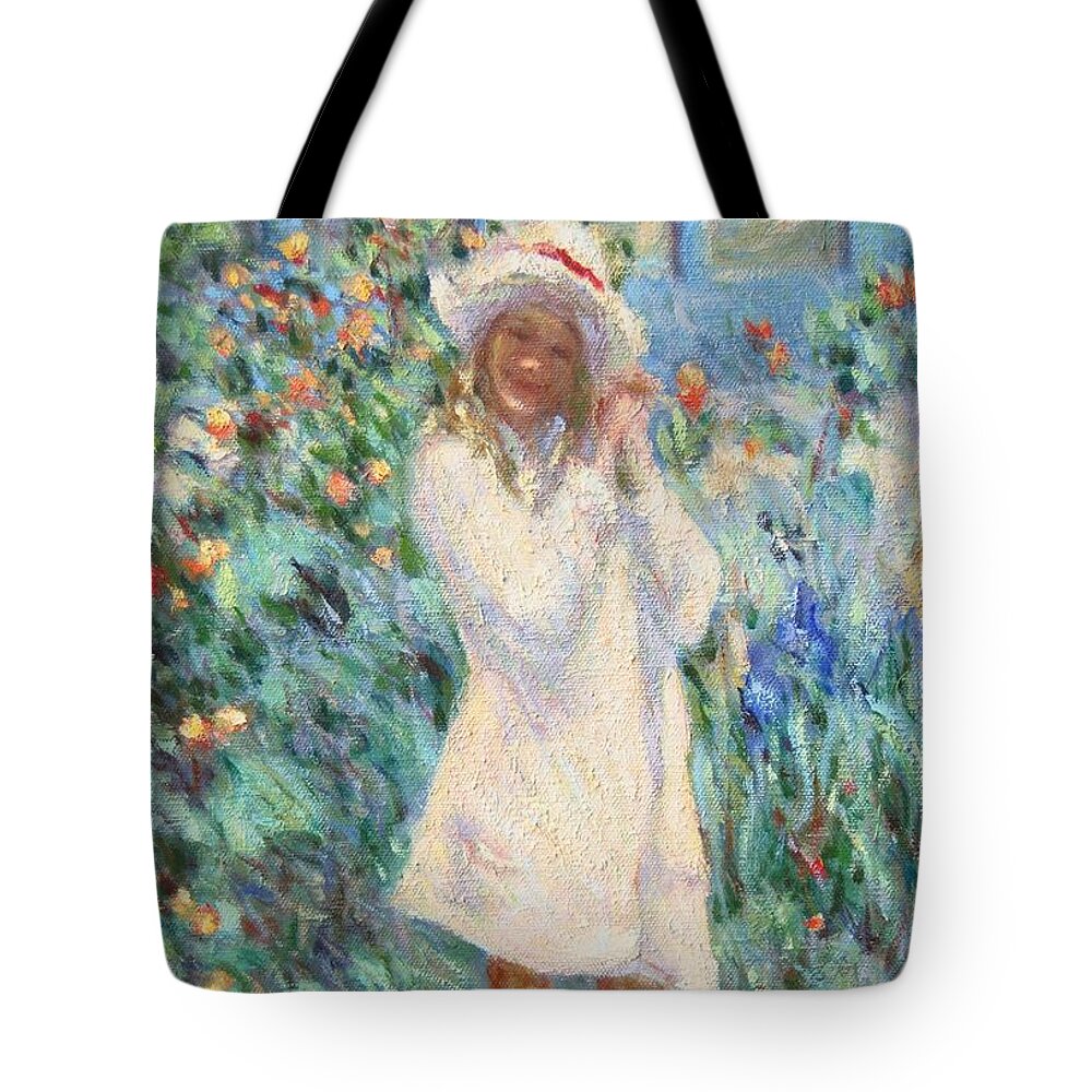 Watering Can Tote Bag featuring the painting Little girl with roses / detail by Pierre Dijk