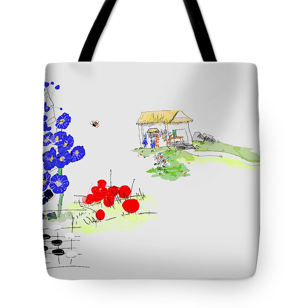 Home. Garden.go Game. Tote Bag featuring the digital art Little House and garden by Debbi Saccomanno Chan