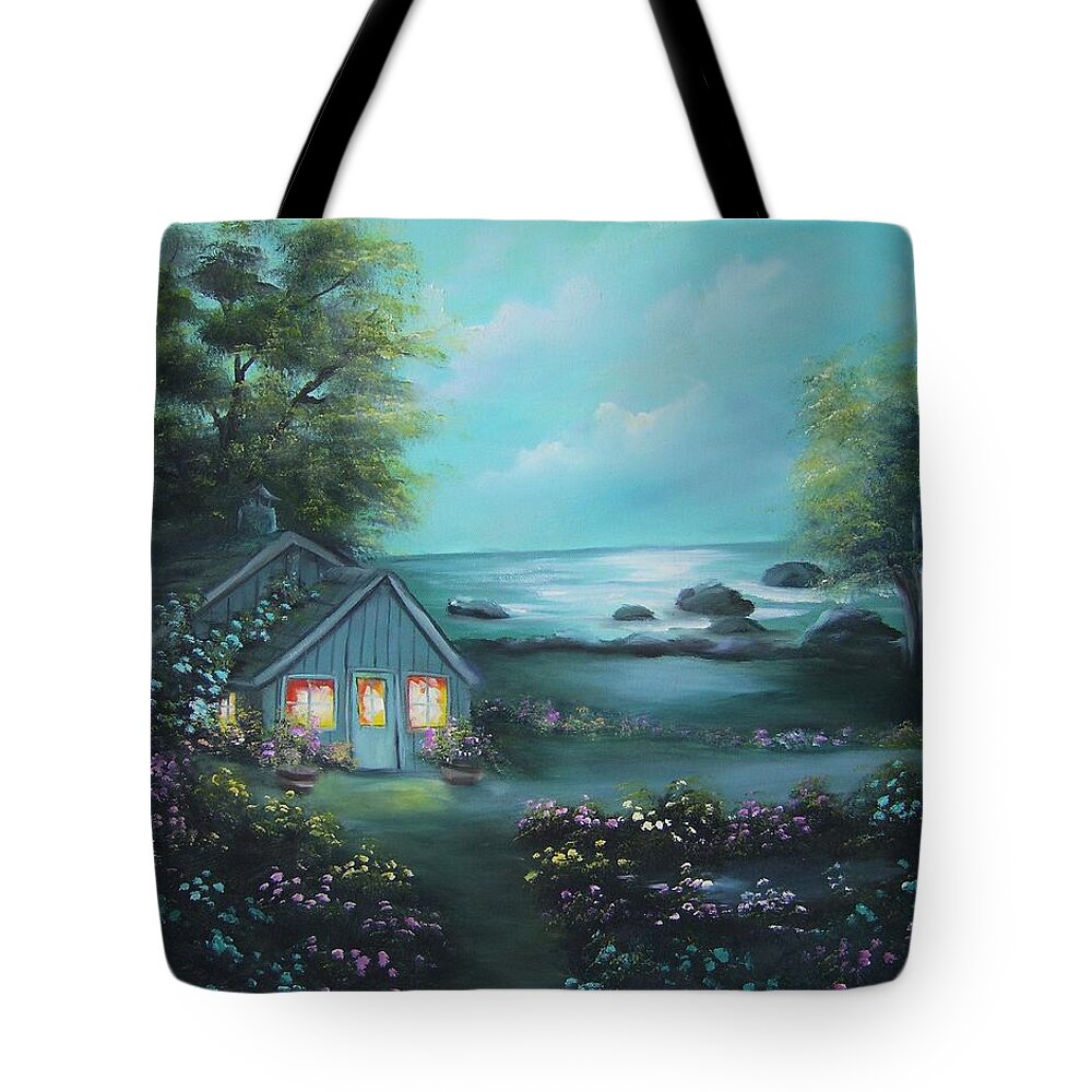 Sea Tote Bag featuring the painting Little House by the Sea by Debra Campbell