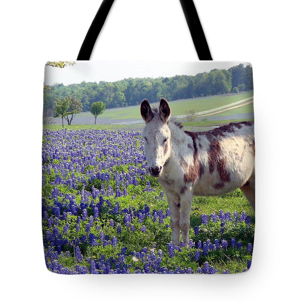 Landscape Tote Bag featuring the photograph Bluebonnets and Little Jesus Donkey by Linda Cox