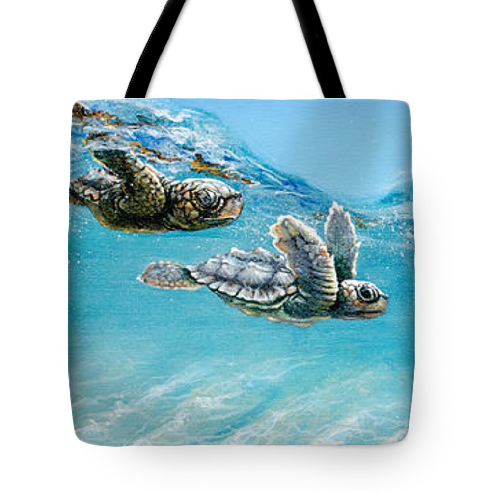 Turtles Tote Bag featuring the painting Little Loggerheads by Joan Garcia