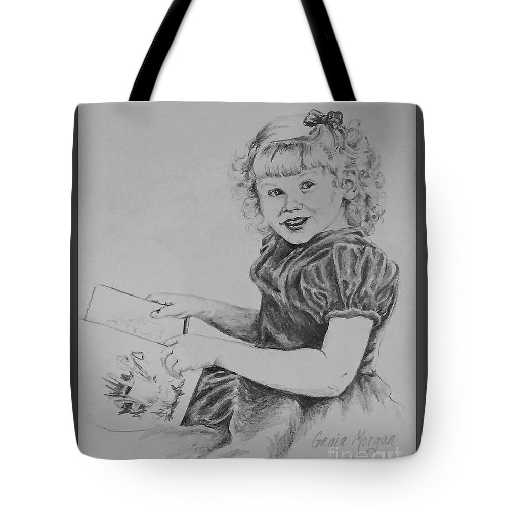 Child Tote Bag featuring the drawing Little One Reading by Genie Morgan