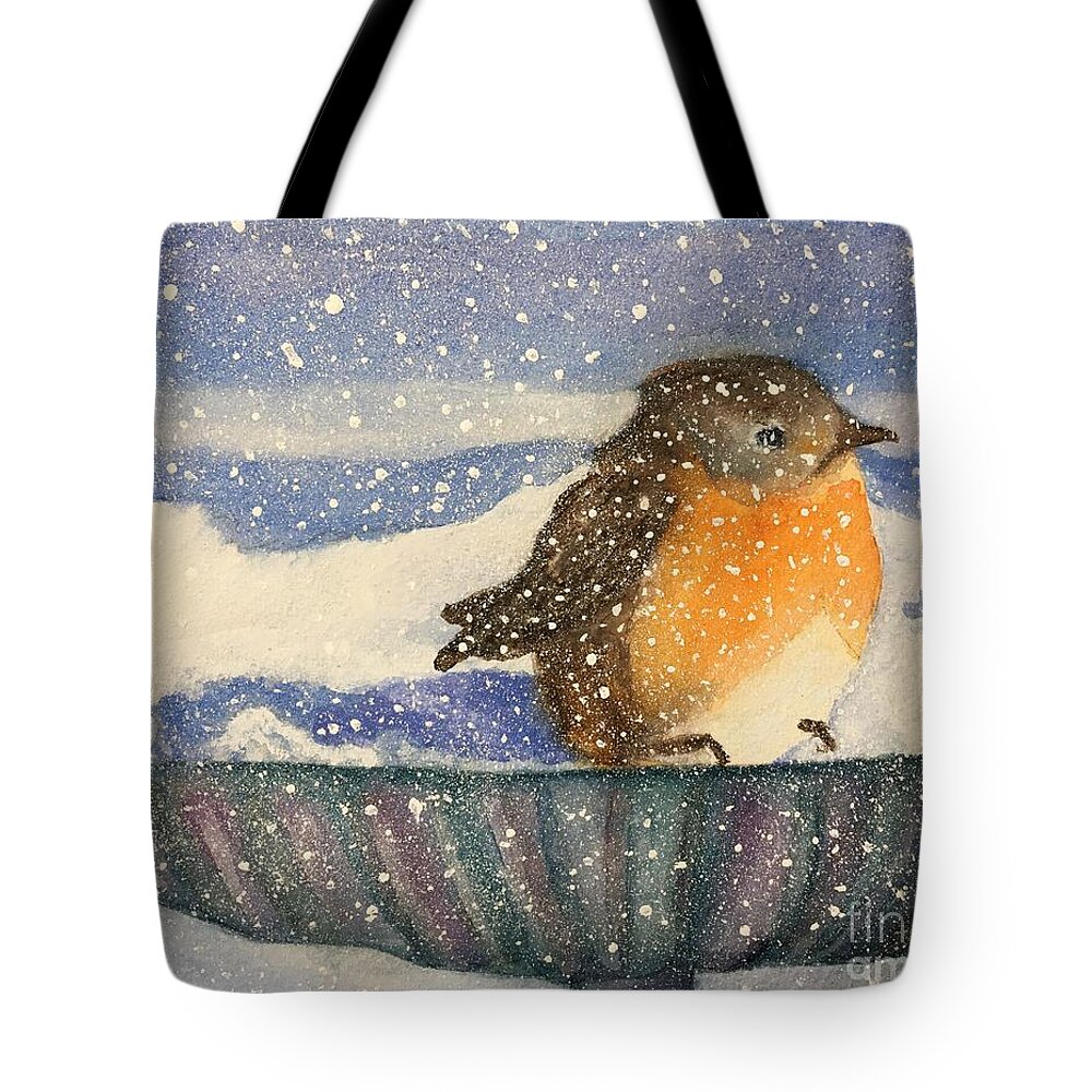 Snow Tote Bag featuring the painting Little Snow Robin by Sue Carmony