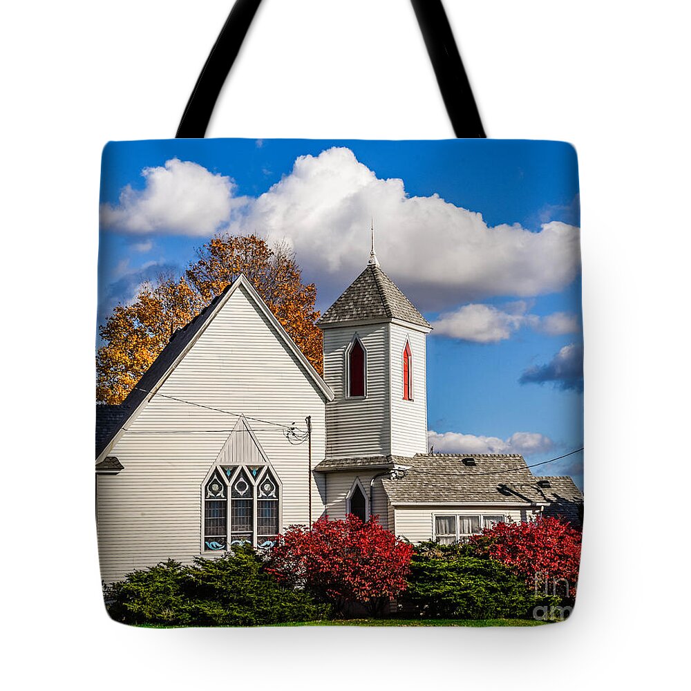 Little White Church Tote Bag featuring the photograph Little White Church by Grace Grogan