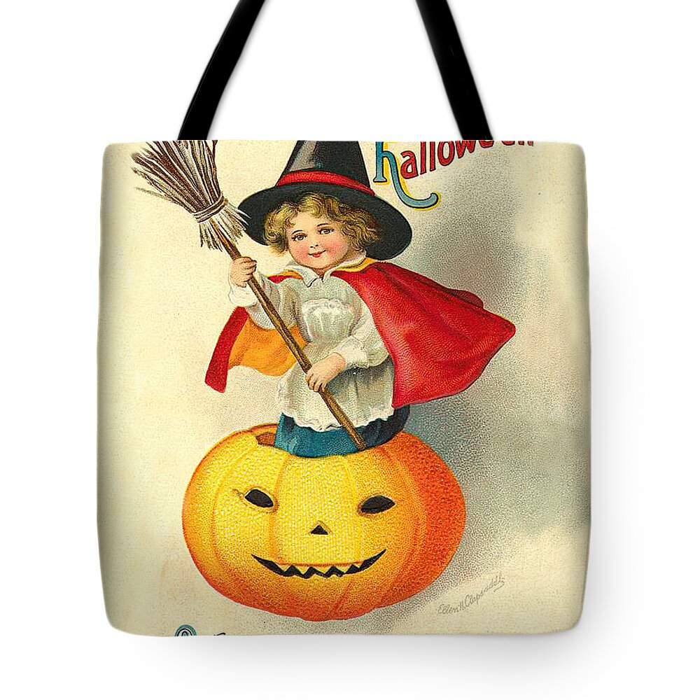 Little Witch Tote Bag featuring the mixed media Little witch inside pumpkin by Long Shot