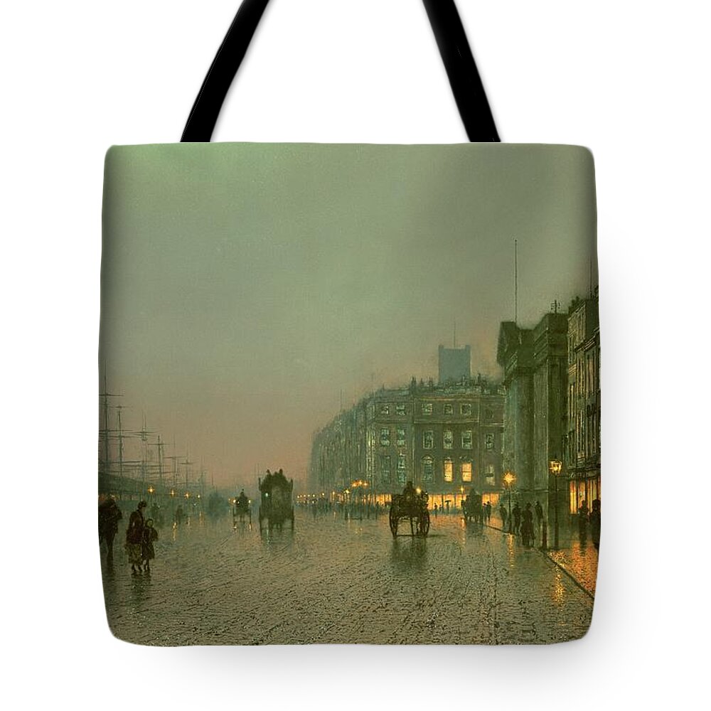 Liverpool Tote Bag featuring the painting Liverpool Docks from Wapping by John Atkinson Grimshaw