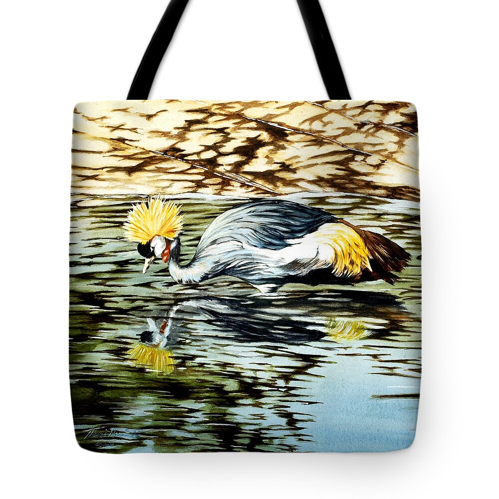 Crested African Crane Tote Bag featuring the painting Living Fossil by Thomas Hamm