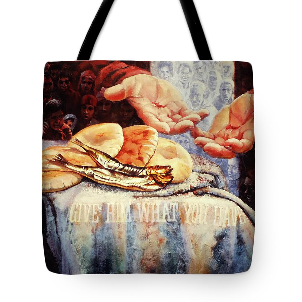 Christian Tote Bag featuring the painting Loaves and Fishes 2 by Graham Braddock