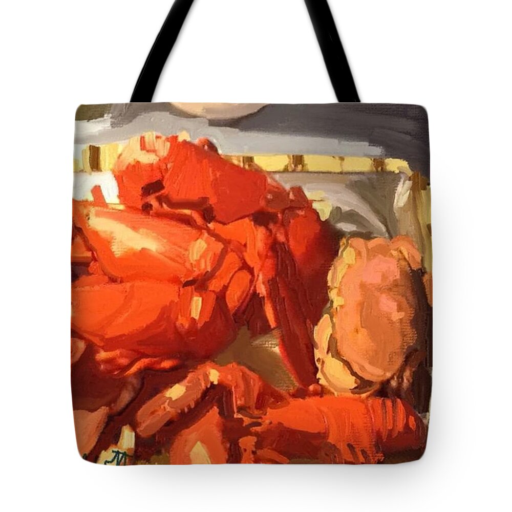 Gloucesterma Tote Bag featuring the photograph Lobsters And A Crab by Melissa Abbott