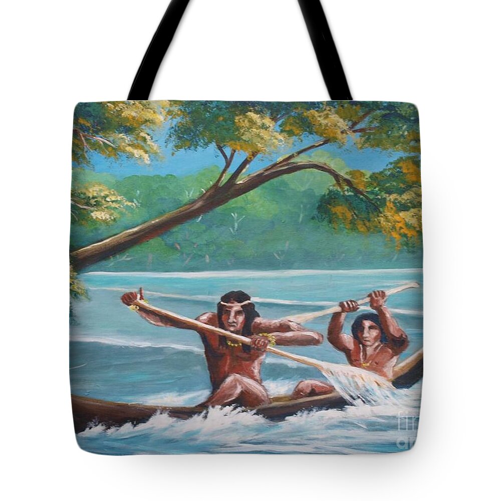 Natives Tote Bag featuring the painting Locals rowing in the Amazon River by Jean Pierre Bergoeing