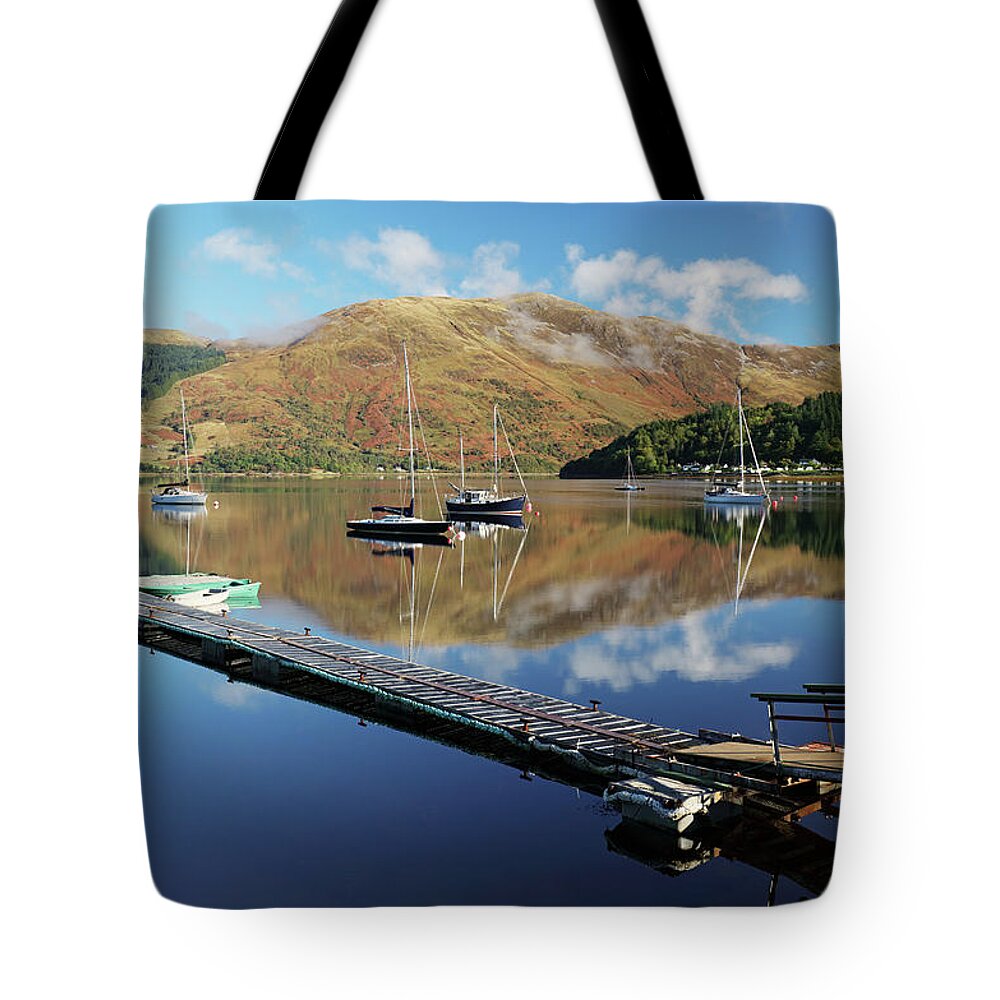 Ballachulish Tote Bag featuring the photograph Loch Leven Jetty and Boats by Grant Glendinning