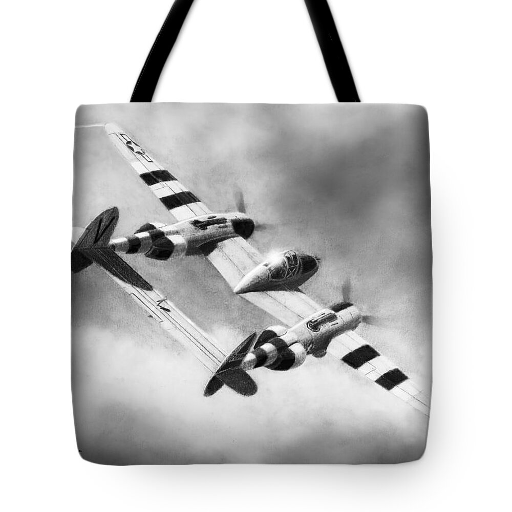 Military Tote Bag featuring the drawing Lockheed P-38L Lightning Drawing by Douglas Castleman