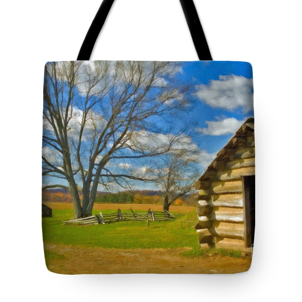Valley Forge Tote Bag featuring the photograph Log Cabin Valley Forge PA by David Zanzinger