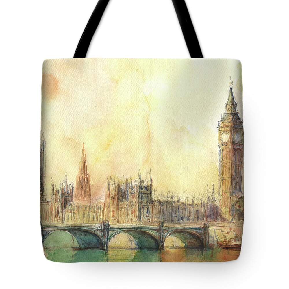 London Big Ben Tote Bag featuring the painting London Big Ben and Thames river by Juan Bosco