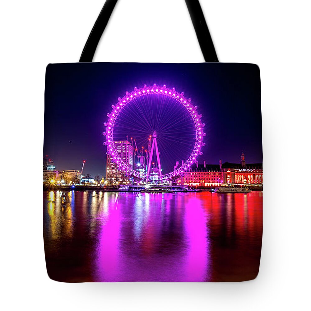 Cityscape Tote Bag featuring the photograph London Eye with Love by Andrew Lalchan