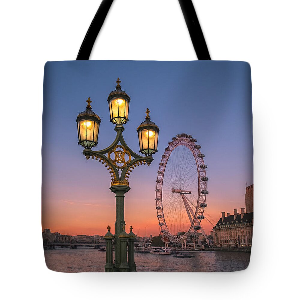 London Tote Bag featuring the photograph London Eye At Dusk, Viewed From Westminster Bridge, London, UK by Philip Preston