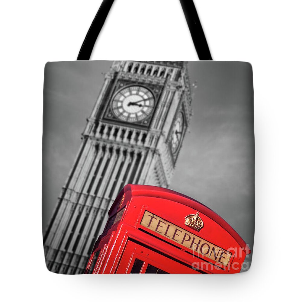 Big Ben Tote Bag featuring the photograph London phone booth and Big Ben by Delphimages London Photography