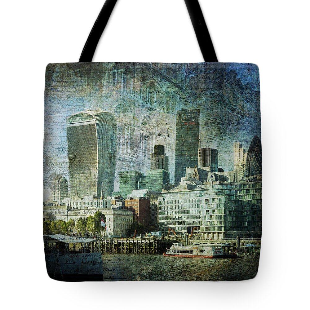 City-landscape Tote Bag featuring the digital art London Skyline Key of Blue by Nicky Jameson