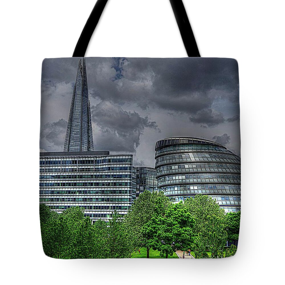 The Shard Skyscraper Tote Bag featuring the photograph London's City Hall by Karen McKenzie McAdoo