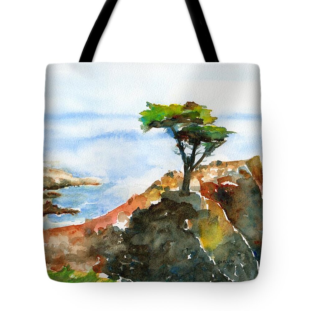 Lone Cypress Tote Bag featuring the painting Lone Cypress Pebble Beach Fog by Carlin Blahnik CarlinArtWatercolor
