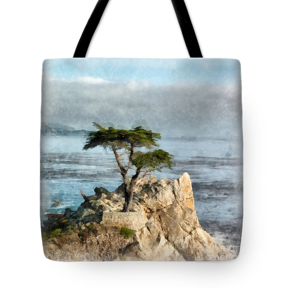Lone Tote Bag featuring the digital art Lone Cypress Watercolor by Edward Fielding