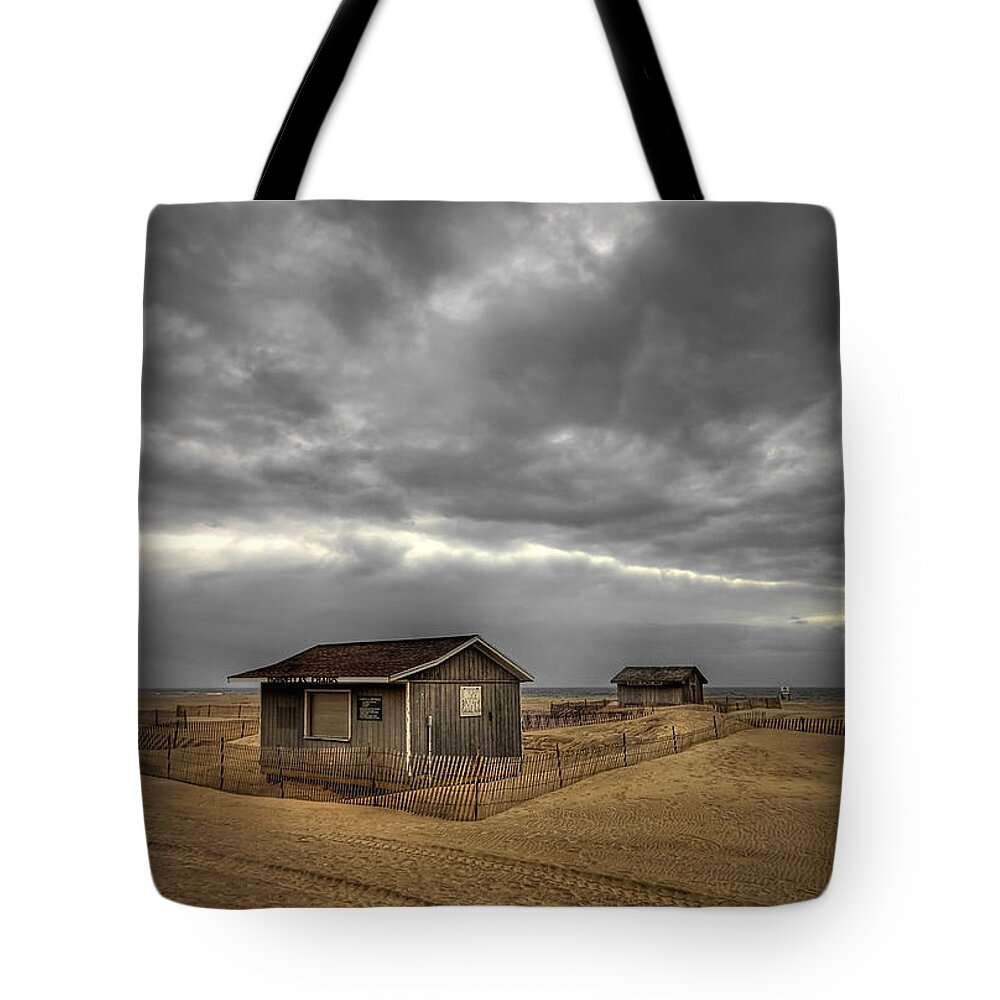 Beach Tote Bag featuring the photograph Lonely Beach Shacks by Evelina Kremsdorf