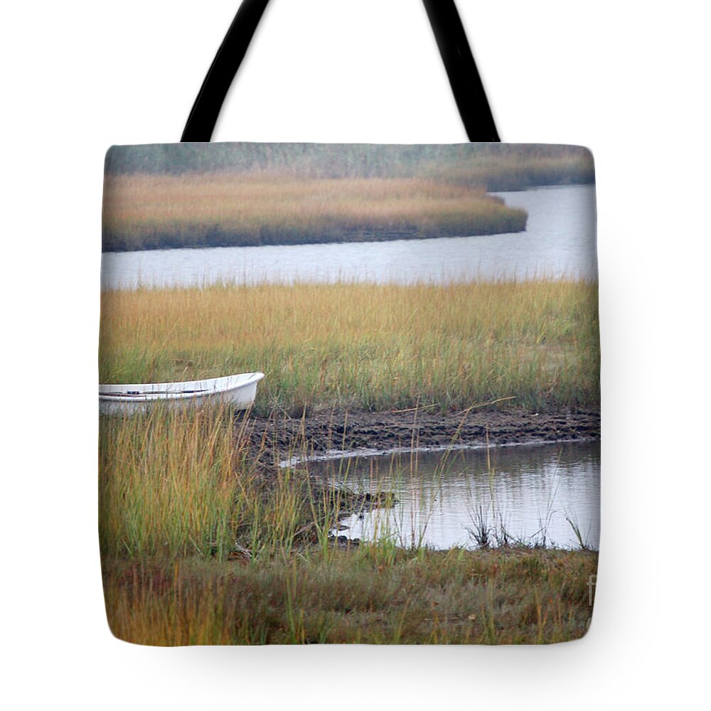 Marsh Tote Bag featuring the digital art Lonely Rowboat by Dianne Morgado