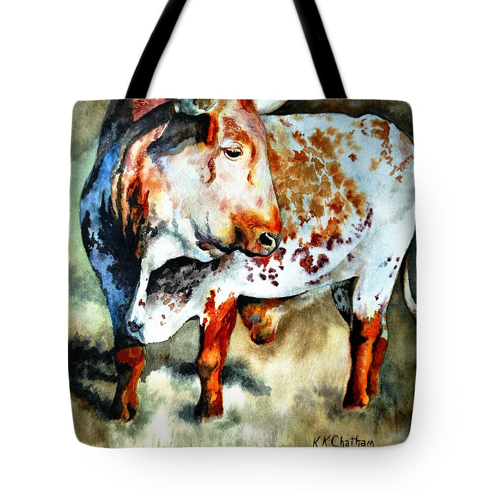 Longhorn Painting Texas Chisholm Bull Steer Cattle Rustic Western Cow Tote Bag featuring the painting Lonesome Longhorn by Karen Kennedy Chatham