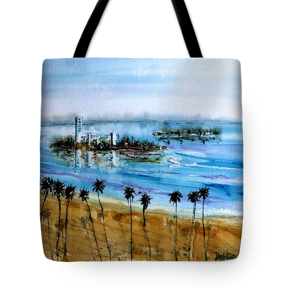 Watercolor Landscape Tote Bag featuring the painting Long Beach Oil Islands Before Sunset by Debbie Lewis
