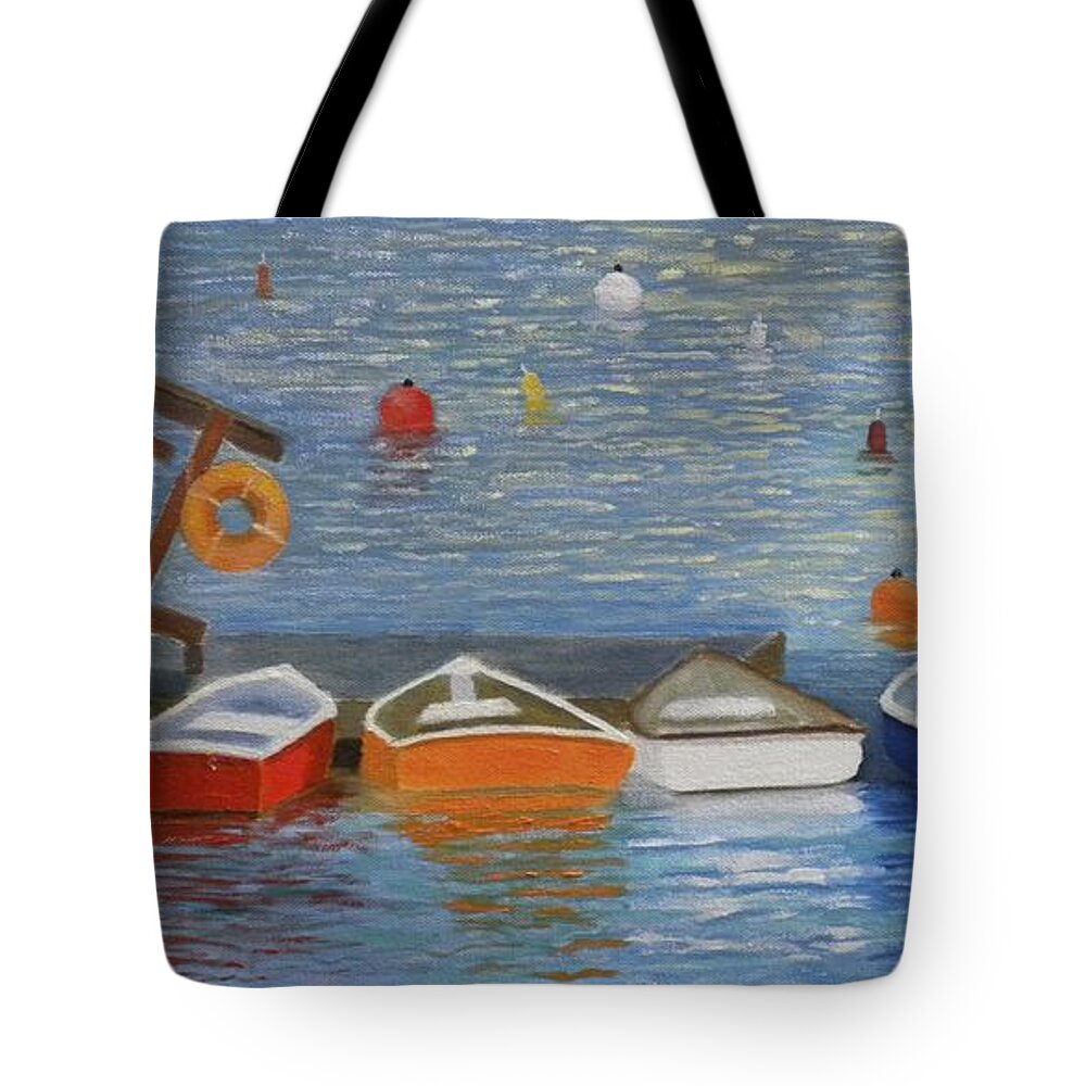 Boats Ocean Dock Log Cove Lobster Traps Moorings Harbor Maine Tote Bag featuring the painting Long Cove Dock by Scott W White