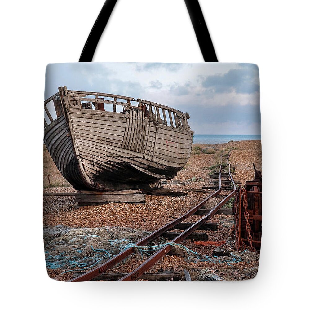 Old Fishing Boat Tote Bag featuring the photograph Long Forgotten - Rusty Winch and Old Fishing Boat by Gill Billington