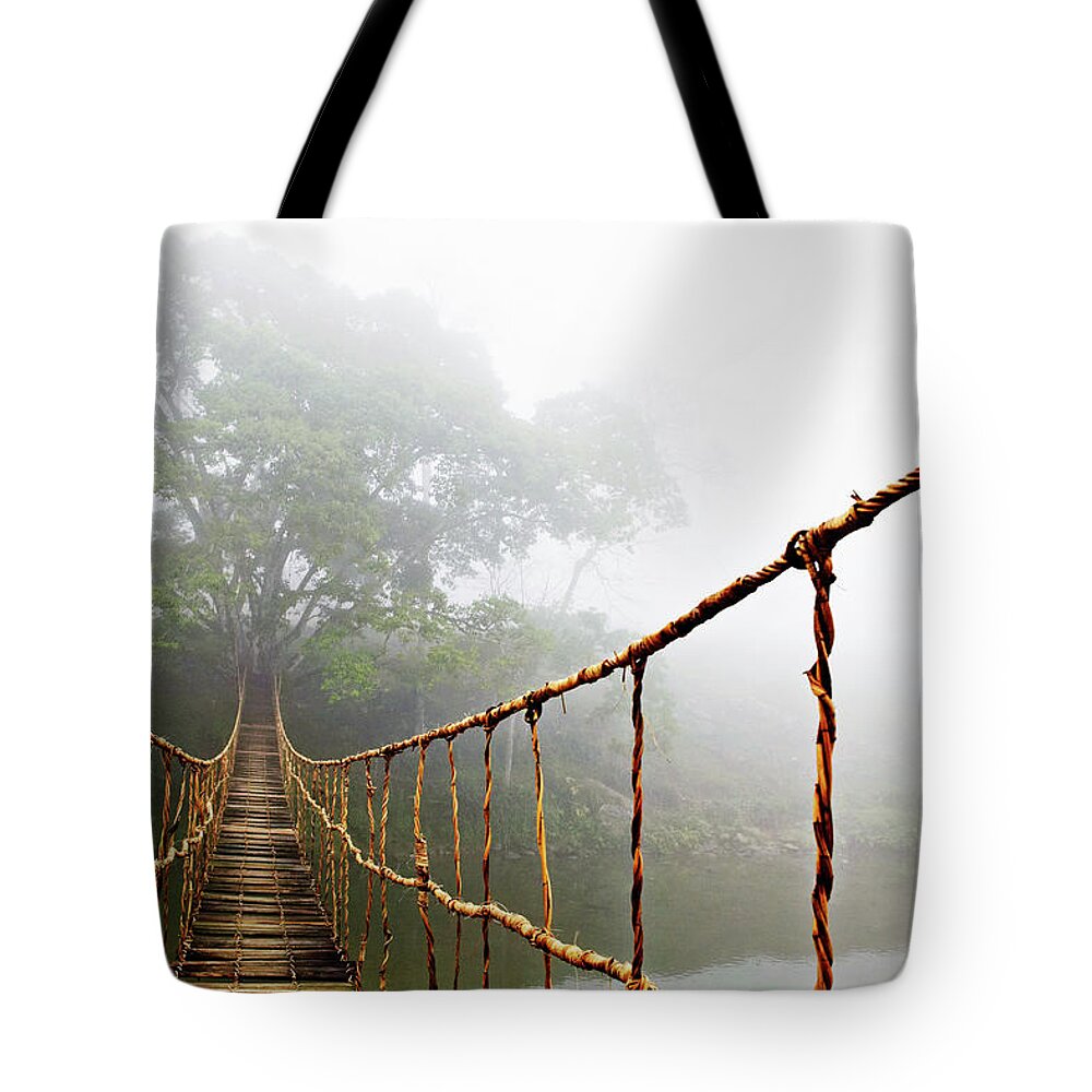 Jungle Journey Tote Bag featuring the photograph Long Rope Bridge by Skip Nall