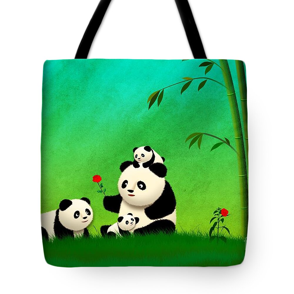 Panda Bear Tote Bag featuring the digital art Longevity Panda Family Asian Art by John Wills