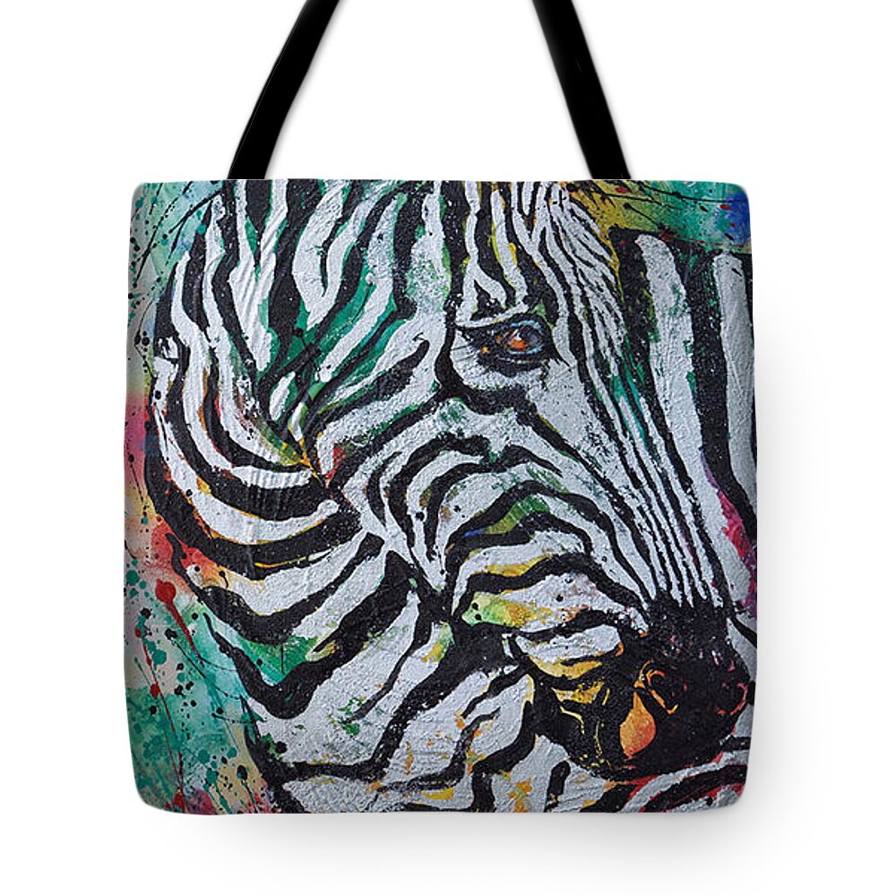 Zebra Tote Bag featuring the painting Looking Back by Jyotika Shroff