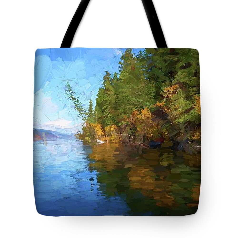 Photopainting Tote Bag featuring the photograph Loon Lake Autumn Oil Painting by Allan Van Gasbeck