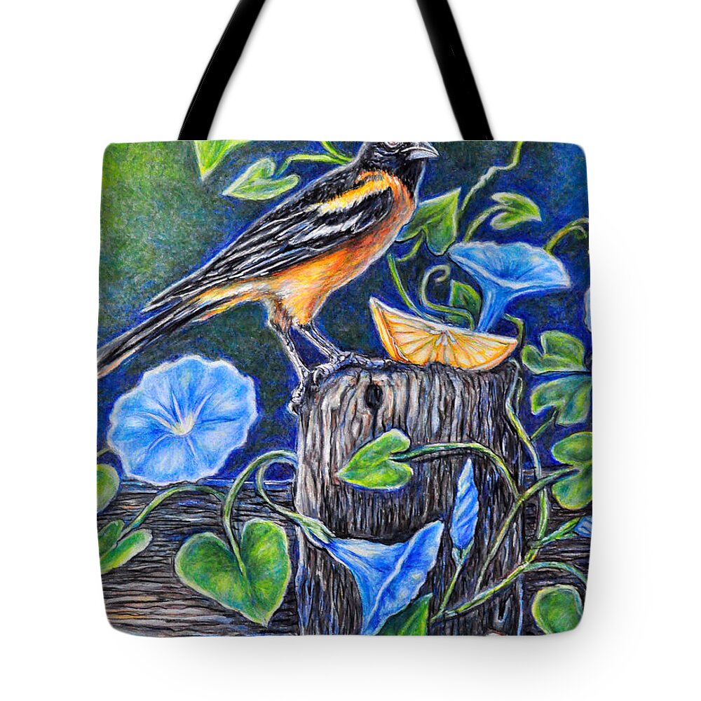 Bird Baltimore Oriole Orange Fruit Morning Glory Fence Blue Flower Tote Bag featuring the painting Lord Baltimore's Breakfast by Gail Butler