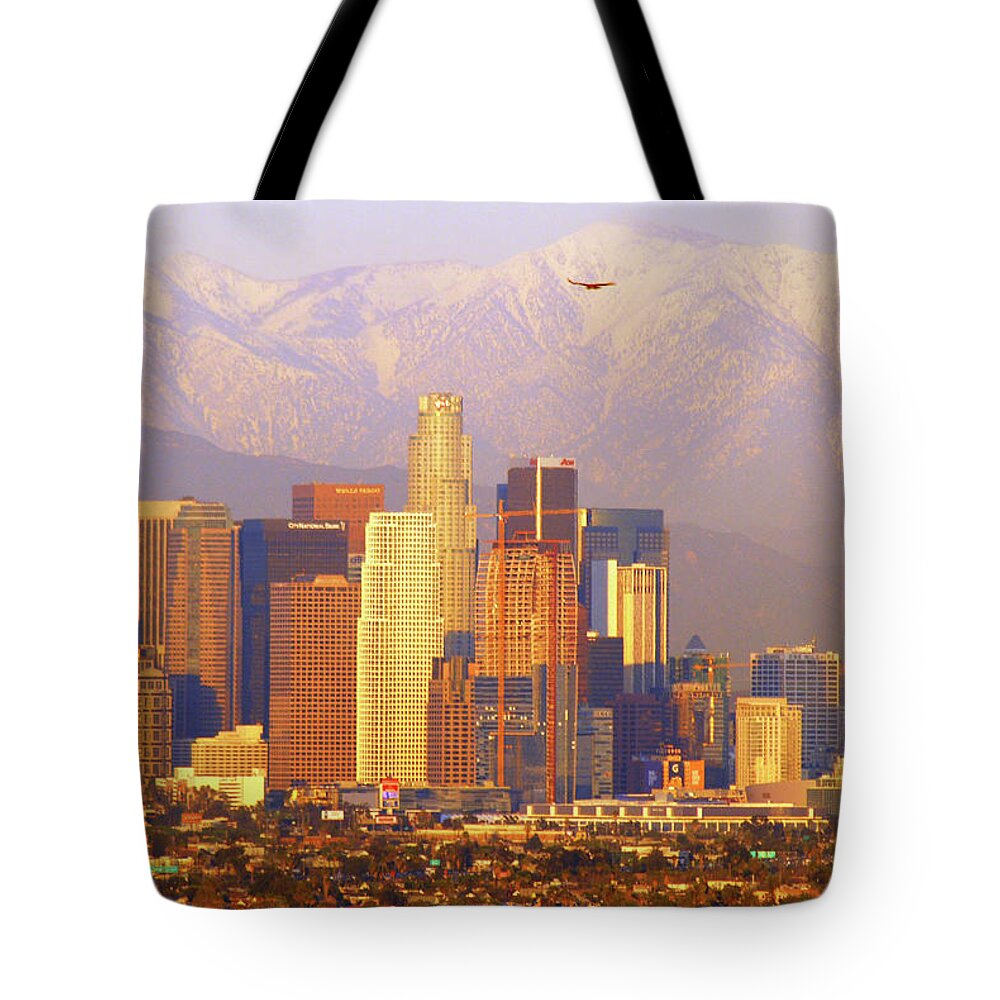 Los Tote Bag featuring the photograph Los Angeles and the San Gabriel Mountains by James Kirkikis