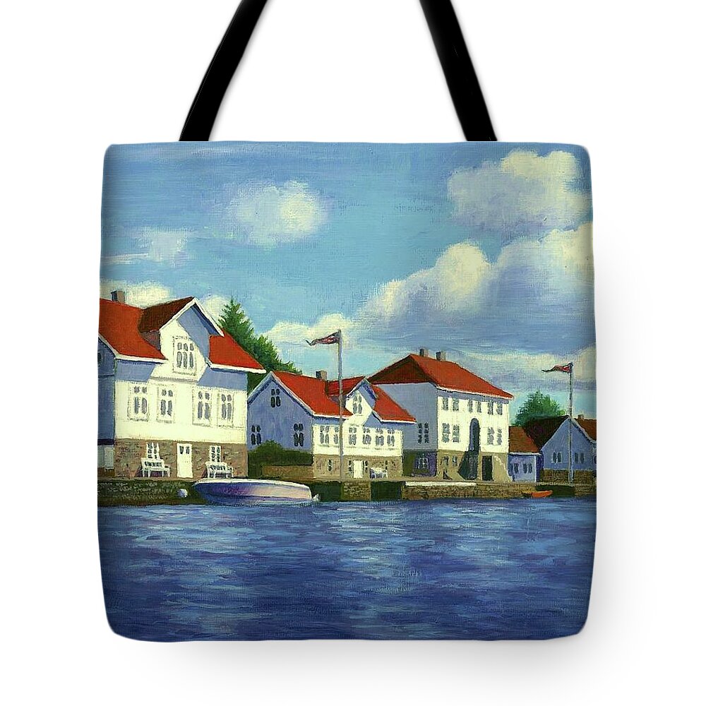 Loshavn Tote Bag featuring the painting Loshavn village Norway by Janet King