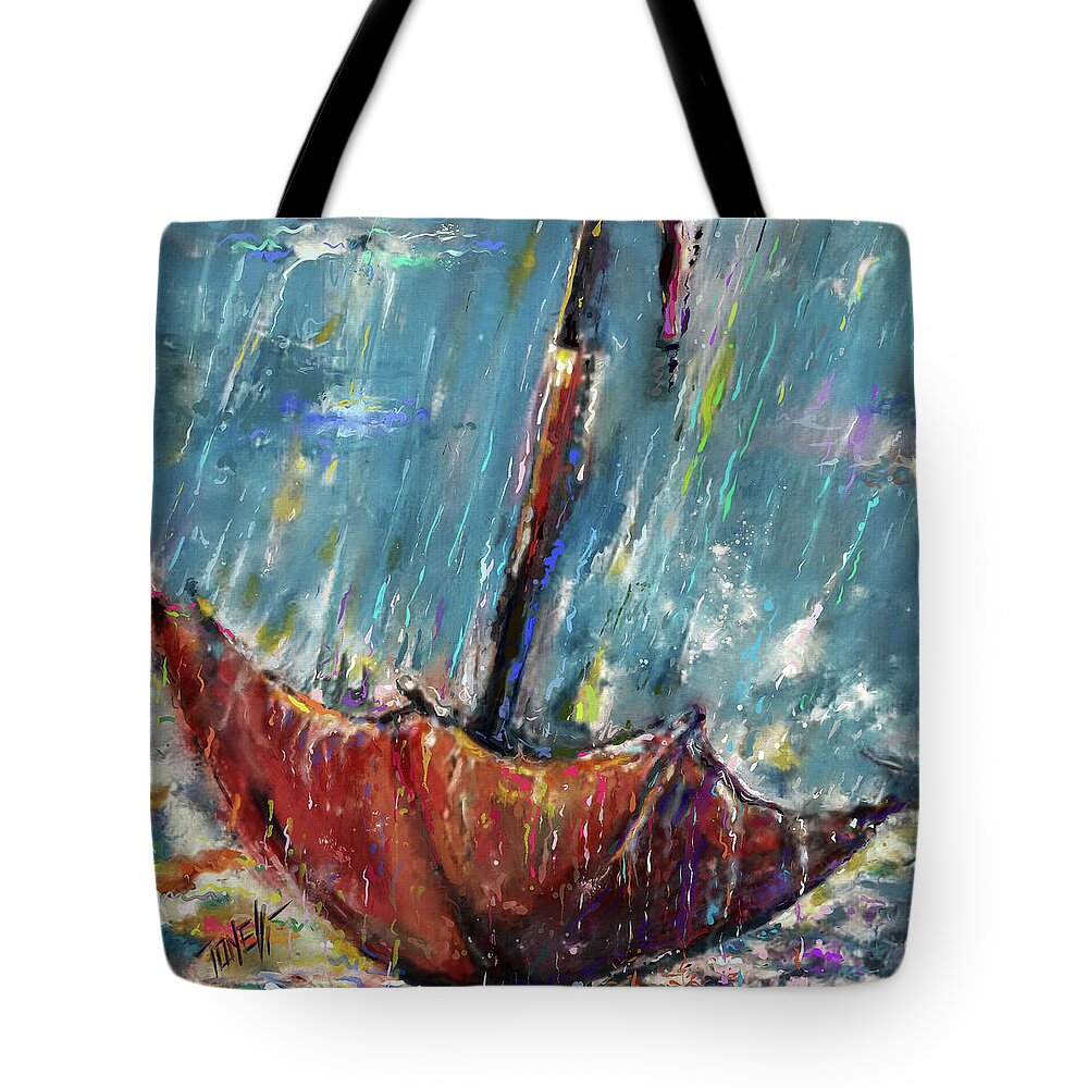 Rain Tote Bag featuring the painting Lost umbrella, rain by Mark Tonelli