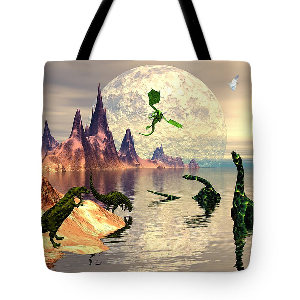 Bryce 3d Fantasy Dragon Dragons Dinasaur Tote Bag featuring the digital art Lost world by Claude McCoy