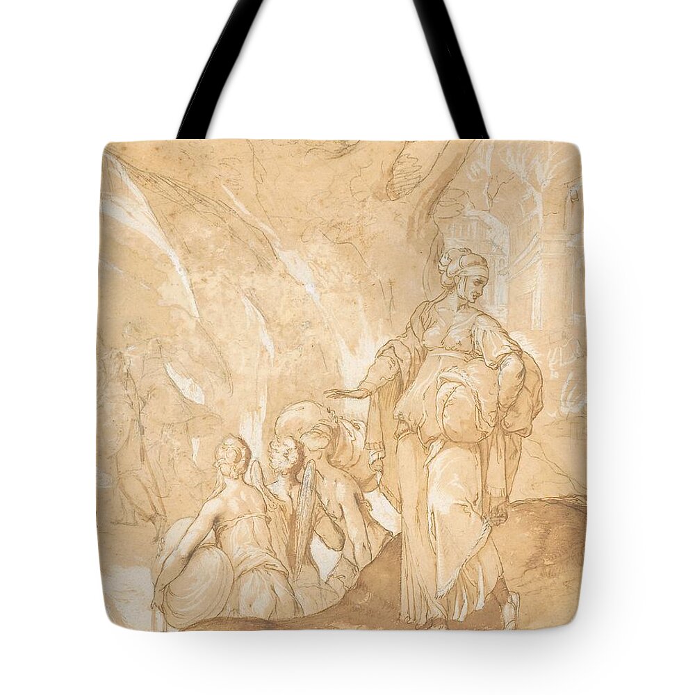 Lot Tote Bag featuring the drawing Lot's wife looking back at the destruction of Sodom and Gomorrah by Toussaint Dubreuil